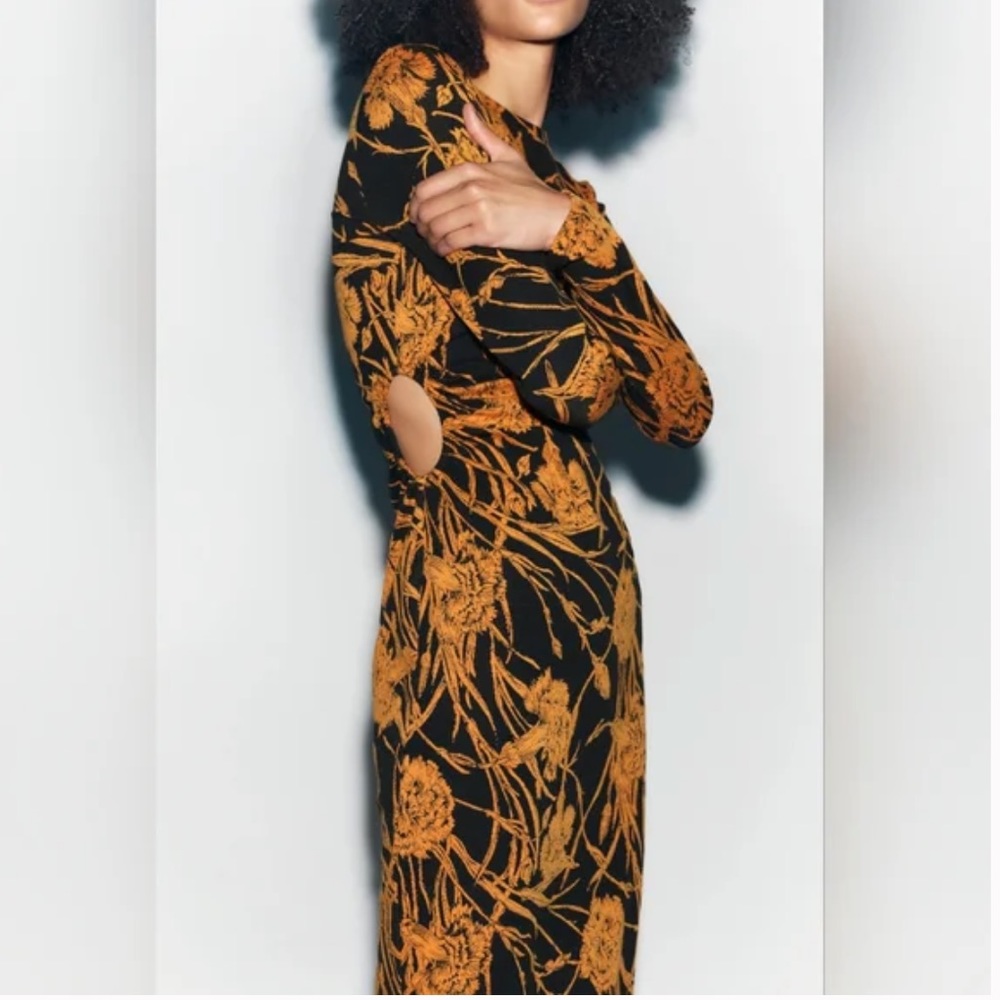 ZARA Cut Out Jacquard Long Sleeve Midi Dress Black/Orange